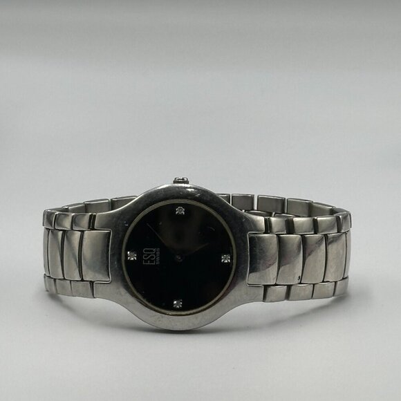 ESQ Swiss Watch Men Silver Tone Black Dial 36MM Round Broken Clasp New Battery - Picture 5 of 14